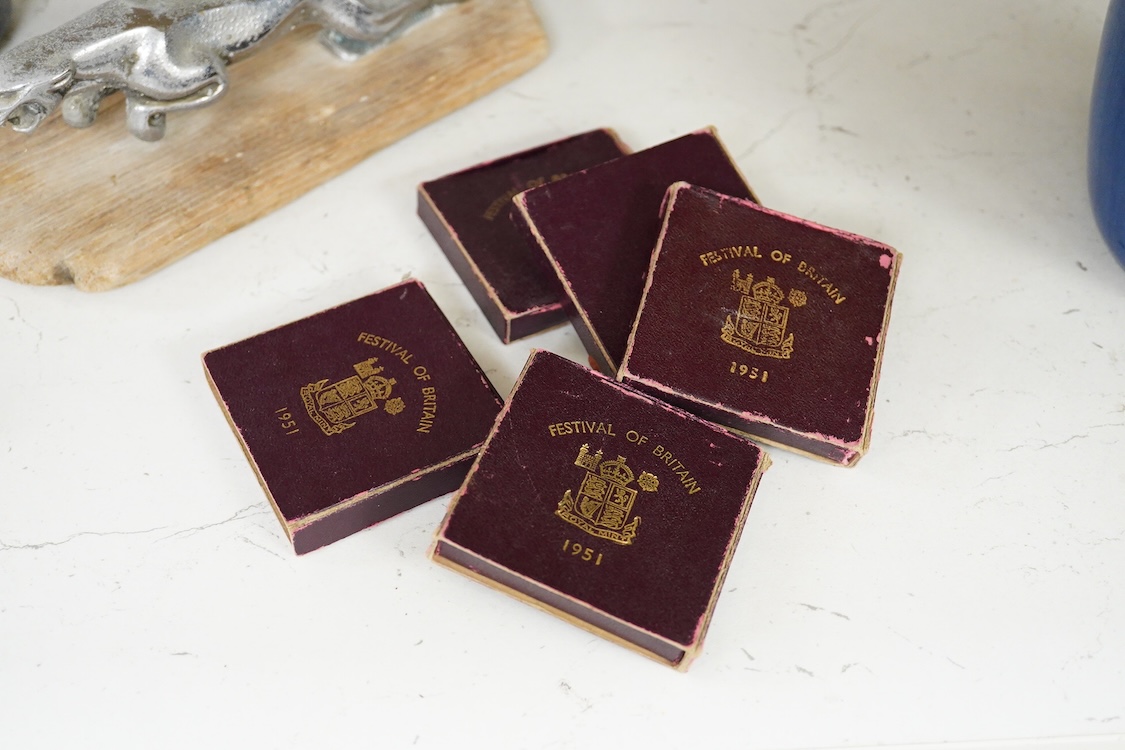 Three car mascots to include two Sprit of Ecstasy examples and five Festival of Britain medallions